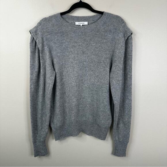 FRAME Cashmere Kennedy Sweater Womens Large Gris Heather Gray Flutter Sleeve - Picture 2 of 7